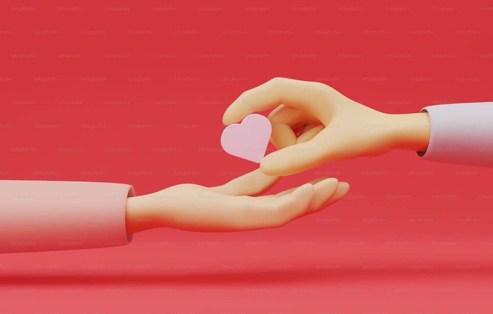 ピンクの背景に手を持つハート。愛や寄付の社会的支援、慈善団体、助けを与えてください。3Dレンダリングイラスト。