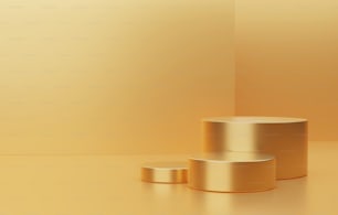 Cylindrical gold podium base luxury on abstract gold background. Product display and advertising space. 3D render illustration