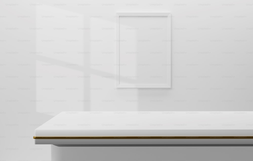 Empty white table with gold border with room wall backdrops and white picture frames for displaying products and advertising spaces. 3D render illustration