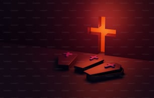 Orange coffin and cross on orange abstract background. Exhibition and advertising space happy halloween scene. 3D render illustration