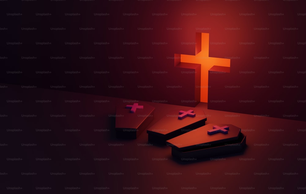 Orange coffin and cross on orange abstract background. Exhibition and advertising space happy halloween scene. 3D render illustration