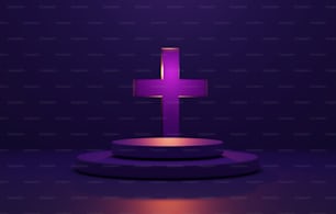 Circle purple pedestal and cross on abstract purple background Exhibition and advertising space happy halloween scene 3D render illustration