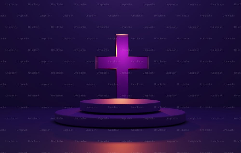 Circle purple pedestal and cross on abstract purple background Exhibition and advertising space happy halloween scene 3D render illustration