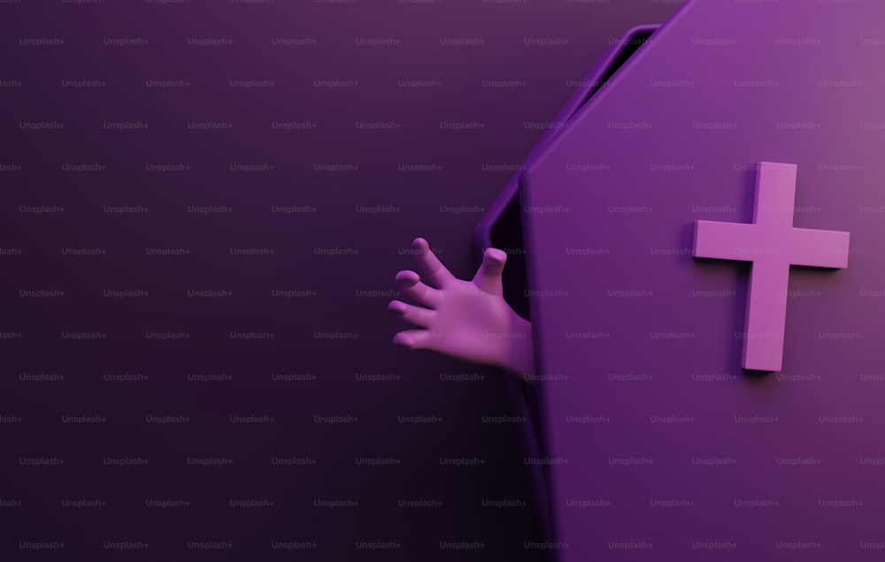 Purple hand reaching out from coffin on dark purple background. Halloween open tombstone. 3D render illustration.