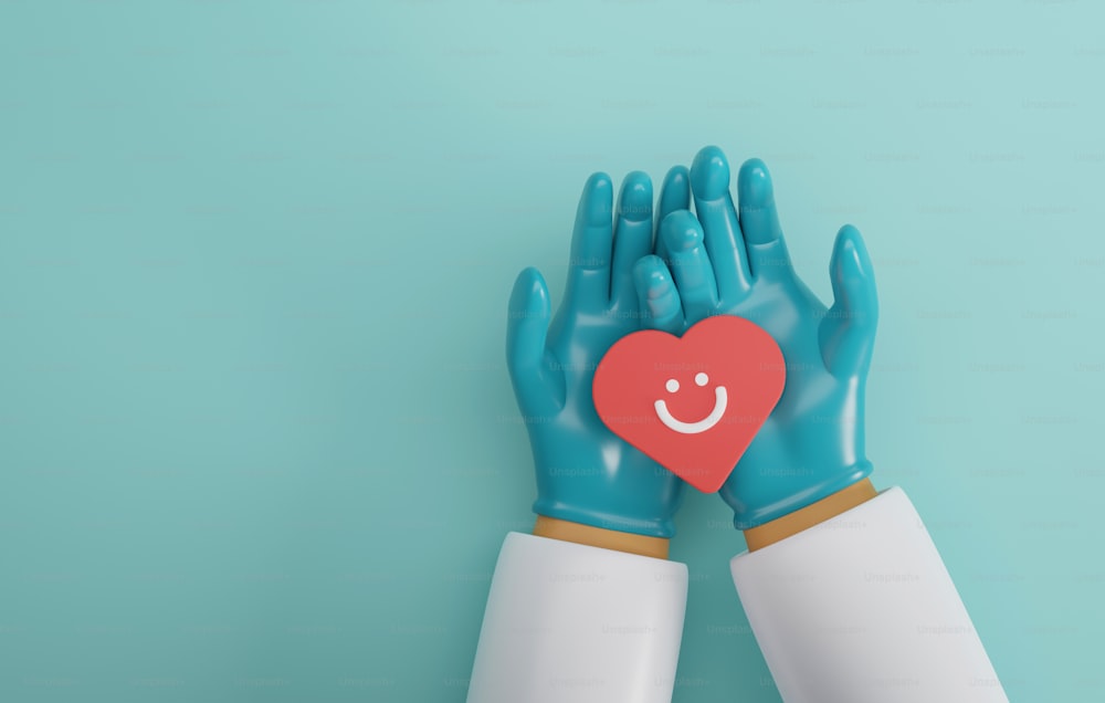 Doctor wearing medical gloves holding heart happy face on light green background. Health care happy from treatment cardiac care, health insurance. 3D render illustration.