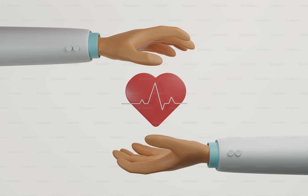 白い背景に心臓を持つ医師の手と命綱。健康心臓病ケア心臓リズムを維持する脈拍で心臓を保持します。3Dレンダリングイラスト。