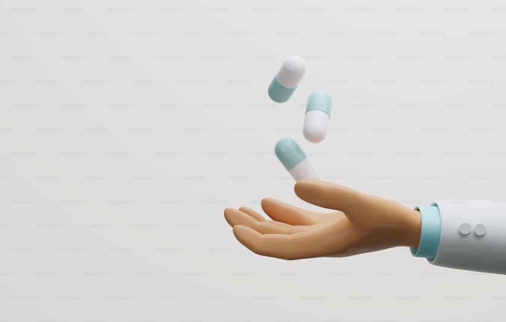 Die Hand des Arztes wartete, um die fallende Kapsel auf weißem Hintergrund aufzuheben. Antibiotikum, antivirales Medikament, pharmazeutische medizinische Behandlung. 3D-Render-Illustration