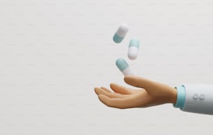 Doctor hand waited to pick up the falling capsule on white background. Antibiotic antiviral drug pharmaceutical medical treatment. 3D render illustration