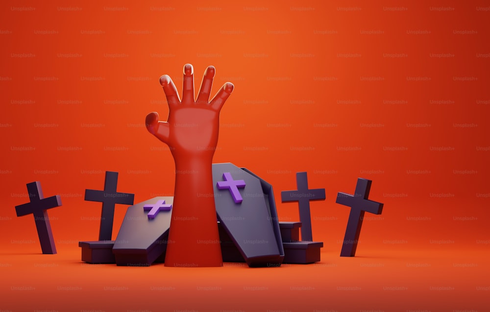 Mano che si estende dalla tomba e sfondo croce cimitero sfondo arancione scuro tema horror di Halloween. Illustrazione di rendering 3D.