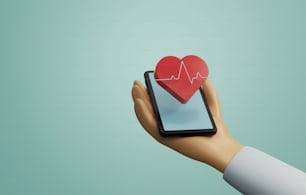 Hand holding cell phone with heart and pulse icons floating on screen. Heart rate monitoring technology heart health check Health care through smartphone technology. 3d render illustration