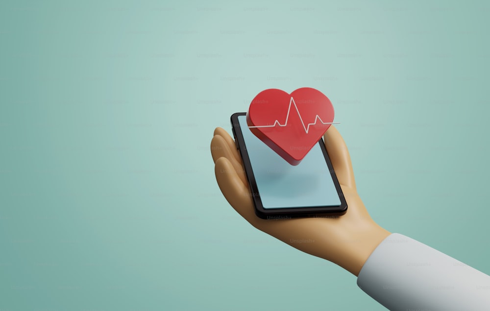 Hand holding cell phone with heart and pulse icons floating on screen. Heart rate monitoring technology heart health check Health care through smartphone technology. 3d render illustration