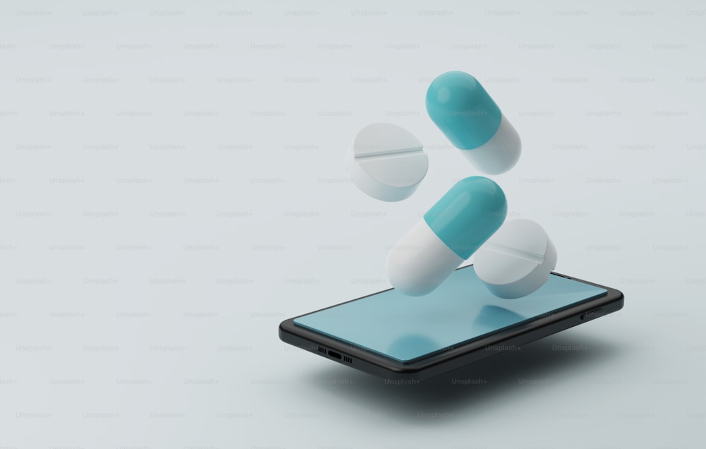 Píldoras cápsula y píldoras flotando en la pantalla del móvil fondo blanco comercio de drogas en línea a través de un teléfono inteligente. Ilustración de renderizado 3D.