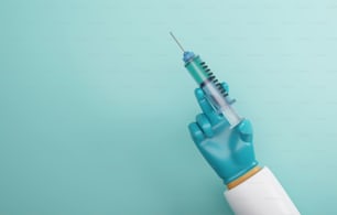 Arzt mit Gummihandschuhen, der einen Spritzenzylinder auf hellgrünem Hintergrund hält. Antiviraler Impfstoff Verwenden Sie antivirale Medikamente für das Gesundheitswesen. 3D-Render-Illustration