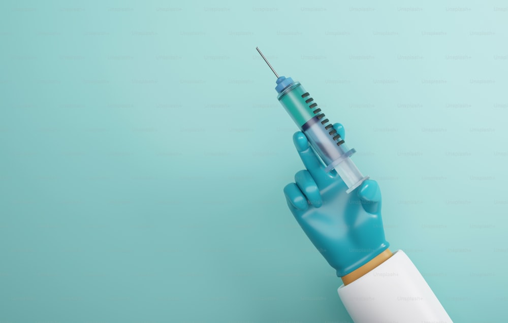 Doctor wearing rubber gloves holding syringe cylinder on light green background. antiviral vaccine use health care antiviral drugs. 3d render illustration