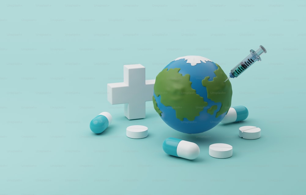 Cápsulas y tabletas de antibióticos, jeringa en fondo verde claro tierra. Vacunas, medicamentos preventivos e inmunización del mundo. Ilustración de renderizado 3D