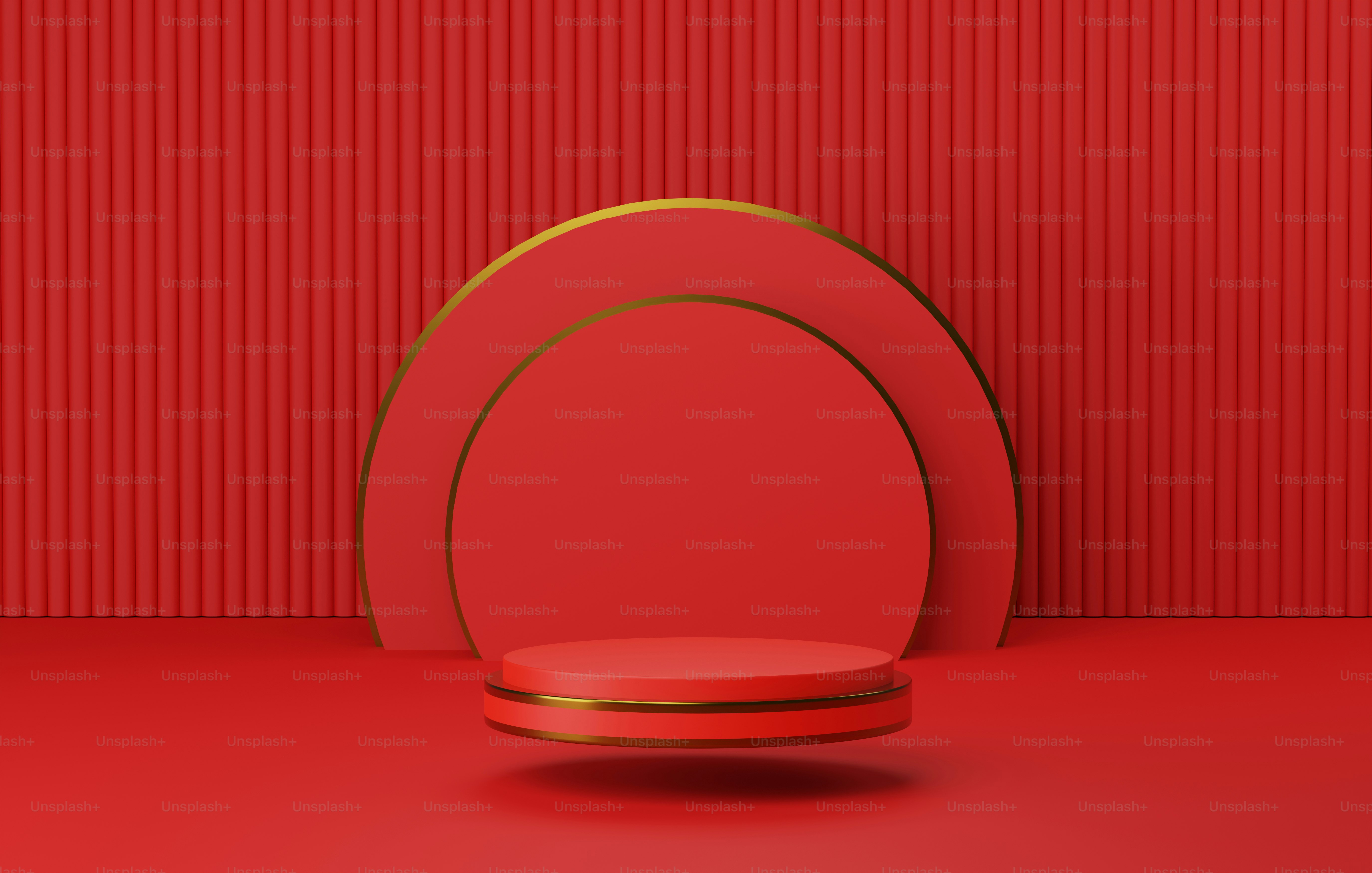 Dasar podium bundar merah bergaya Tahun Baru Imlek dengan latar belakang setengah lingkaran geometris pada latar belakang abstrak merah. Ruang pameran dan periklanan. Ilustrasi render 3D