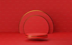 Chinese New Year style gold border red round podium base with geometric semicircle backdrop on red abstract background. Exhibition and advertising space. 3D render illustration