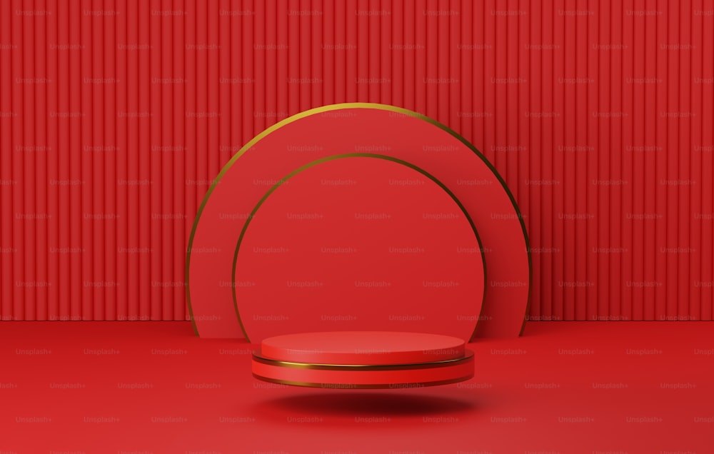 赤い抽象的背景に中国の旧正月スタイルの金色の境界線の赤い丸い表彰台ベースと幾何学的な半円の背景。展示および広告スペース。3Dレンダリングイラスト