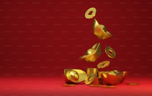 Lingotti d'oro e antiche monete d'oro cinesi che cadono sullo sfondo rosso per celebrare la festa del capodanno cinese. Illustrazione di rendering 3D