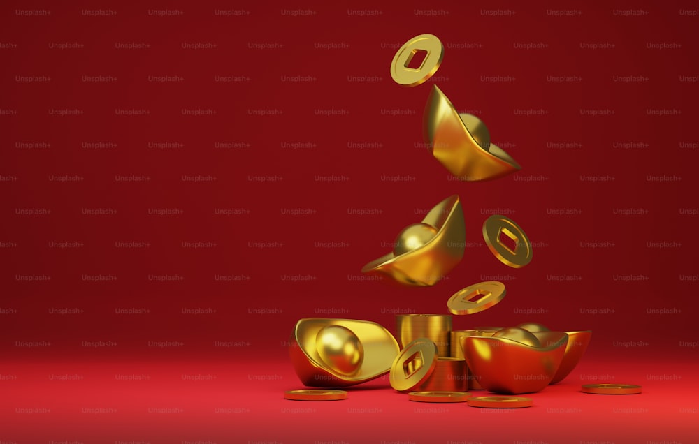 Lingotes de oro y antiguas monedas de oro chinas cayendo sobre el fondo rojo para celebrar el festival del Año Nuevo Chino. Ilustración de renderizado 3D