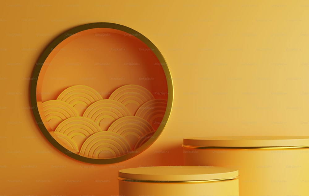Chinesischer Neujahrsstil goldener Randkreissockel mit Papierfächern und chinesischem Wasserwellenmuster auf gelbem abstraktem Hintergrund für Ausstellungen und Anzeigen. 3D-Render-Illustration