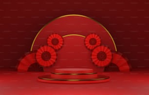Zoccolo rotondo rosso bordo oro in stile capodanno cinese con sfondo semicircolare geometrico e ventagli di carta su sfondo astratto rosso. Spazio espositivo e pubblicitario. Illustrazione di rendering 3D.