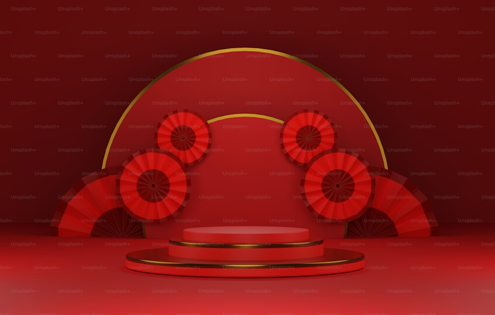 Chinese New Year style gold border red round plinth with geometric semicircular backdrop and paper fans on red abstract background. Exhibition and advertising space. 3D rendering illustration.