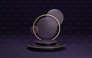Podium with gold edge and gold edge circle, elegant and modern on dark purple background. Abstract studio room for displaying products exhibitions and advertisements. 3D render illustration