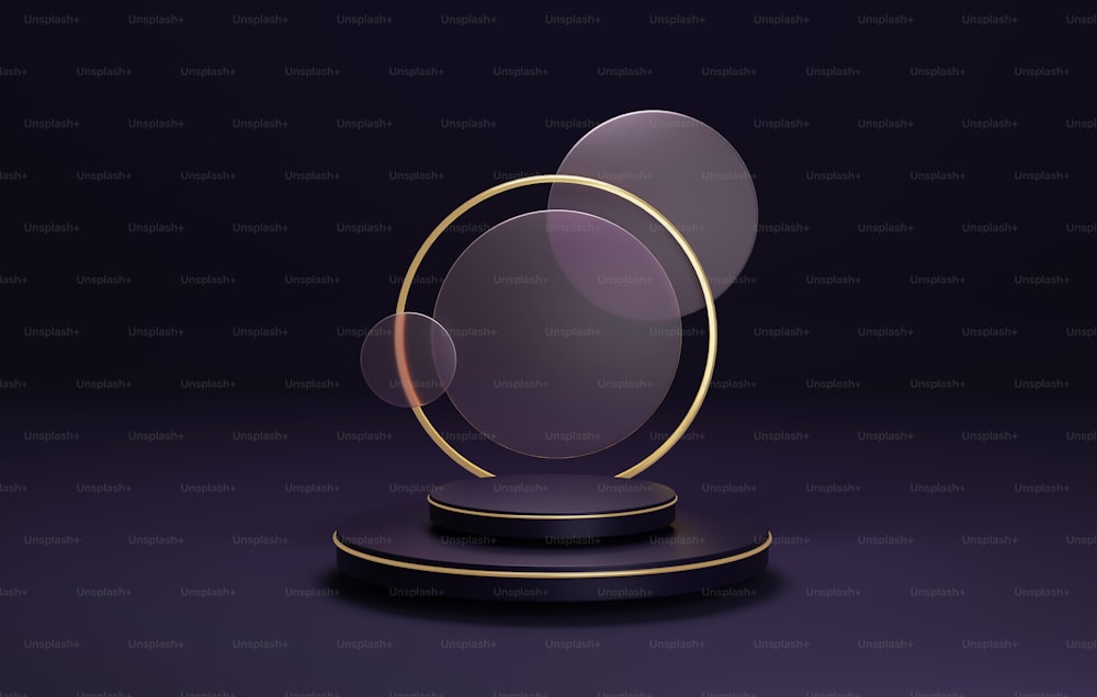 Podium with gold edge and gold edge circle, elegant and modern on dark purple background. Abstract studio room for displaying products exhibitions and advertisements. 3D render illustration