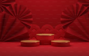 Chinese New Year style gold border red round plinth with geometric semicircular backdrop and paper fans on red abstract background. Exhibition and advertising space. 3D rendering illustration.