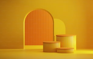 黄色の抽象的背景に丸い表彰台と幾何学的な半円形のドア、展示会や広告は製品を示しています。3Dレンダリングイラスト