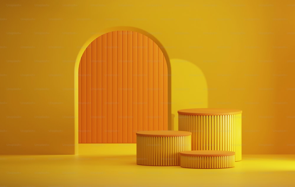 Rundes Podium mit geometrischen halbkreisförmigen Türen auf gelbem abstraktem Hintergrund für Ausstellungen und Anzeigen, die Produkte zeigen. 3D-Render-Illustration