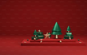 Podio de base redonda, bola dorada y caja de regalo de círculo rojo con árbol para fondo abstracto de navidad y año nuevo. Área de exposición de presentación de productos y publicidad. Ilustración de renderizado 3D