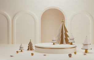 Podium bordé d’or et sapin de Noël blanc avec bord d’or élégant Noël et Nouvel An sur fond blanc. Studio abstrait pour l’affichage de produits et de publicités. Illustration de rendu 3D