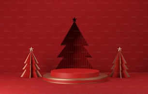 Podio base redonda, bola dorada y círculo rojo con árbol para navidad y año nuevo fondo abstracto. Área de exposición de presentación de productos y publicidad. Ilustración de renderizado 3D