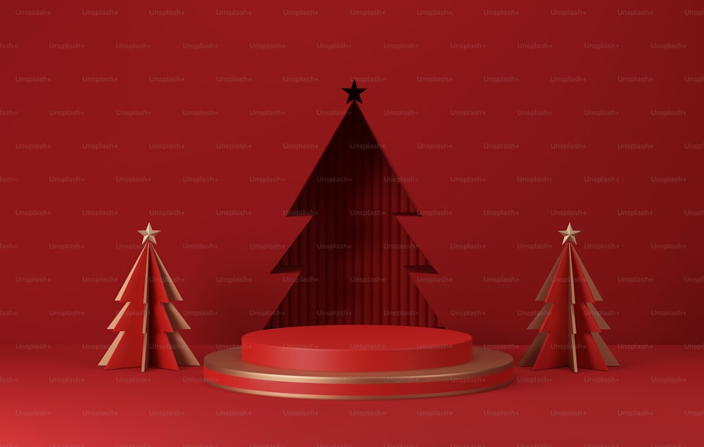 Rundes Sockelpodium, Kugel Gold und roter Kreis mit Baum für Weihnachten und Neujahr abstrakter Hintergrund. Ausstellungsbereich Produktpräsentation und Werbung. 3D-Render-Illustration