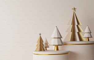 白い背景に金色の縁取りの表彰台と白いクリスマスツリー、金色の縁の優雅なクリスマスと新年。製品や広告を表示するための抽象的なスタジオ。3Dレンダリングイラスト