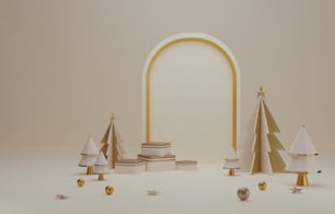 Gold edged podium and white christmas tree with gold edge elegant christmas and new year on white background. Abstract studio for displaying products and advertisements. 3D render illustration