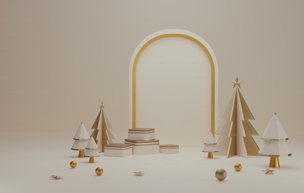 白い背景に金色の縁取りの表彰台と白いクリスマスツリー、金色の縁の優雅なクリスマスと新年。製品や広告を表示するための抽象的なスタジオ。3Dレンダリングイラスト
