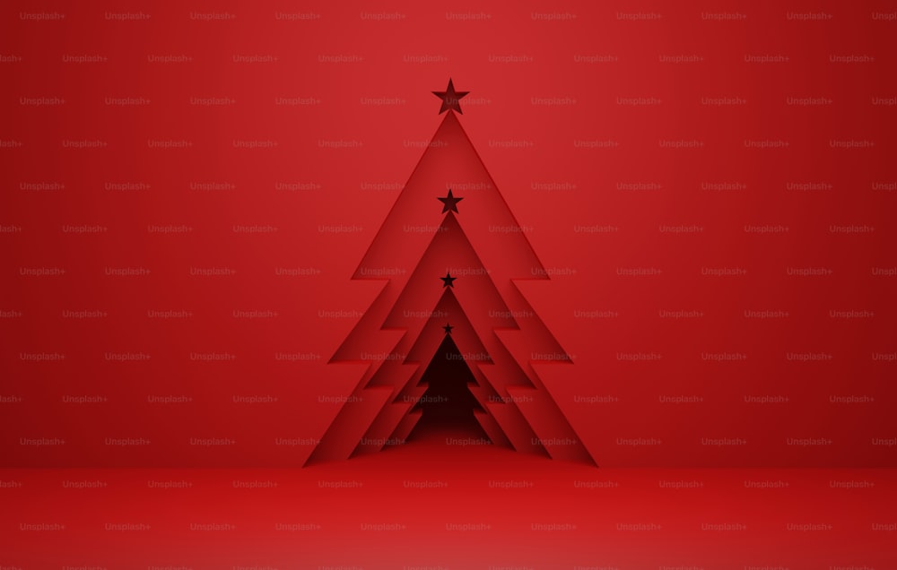 Christmas tree door on red abstract background wall Exhibition and advertising space. 3D render illustration