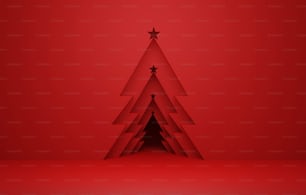 Christmas tree door on red abstract background wall Exhibition and advertising space. 3D render illustration