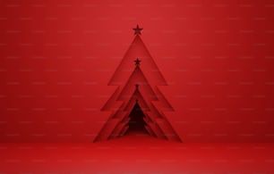 Puerta del árbol de Navidad en la pared de fondo abstracto rojo Espacio de exposición y publicidad. Ilustración de renderizado 3D