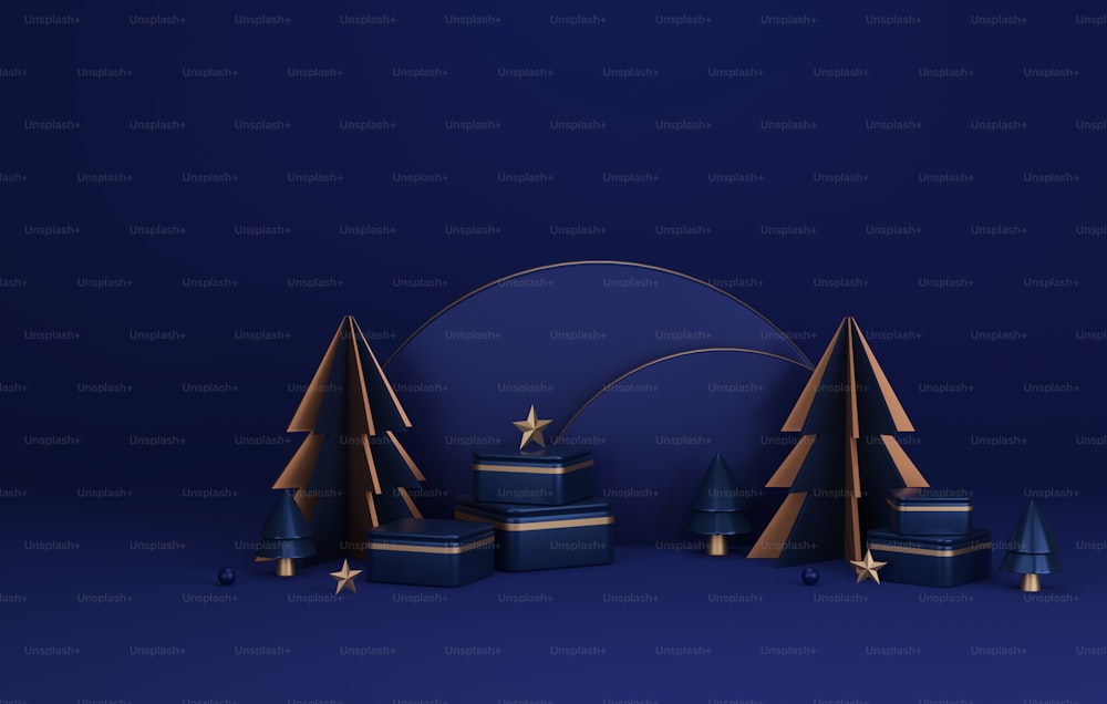 Round base podium, ball gold and blue circle gift box with tree for christmas and new year abstract background. Exhibition area product presentation and advertisement. 3D render illustration
