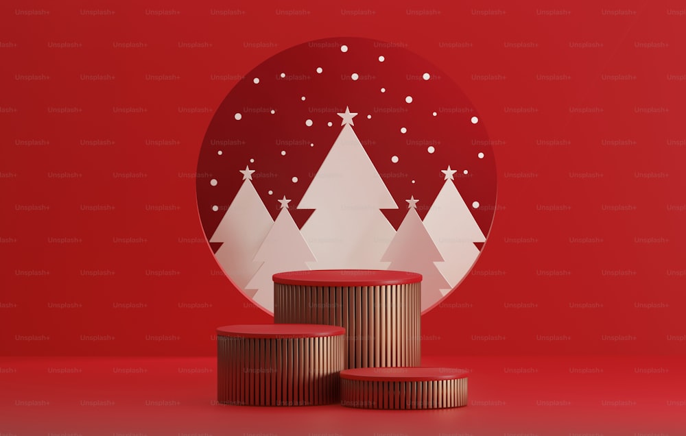 Pódio de base redondo, bola de ouro e círculo vermelho com árvore para o Natal e fundo abstrato de ano novo. Área de exposição apresentação e propaganda de produtos. Ilustração de renderização 3D