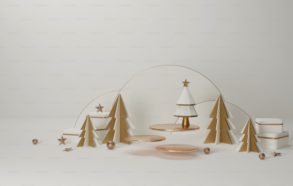 Goldumrandetes Podium und weißer Weihnachtsbaum mit goldenem Rand, elegantes Weihnachts- und Neujahrsfest auf weißem Hintergrund. Abstraktes Studio für die Anzeige von Produkten und Anzeigen. 3D-Render-Illustration