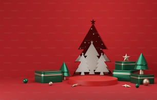 Podio base rotonda, sfera oro e cerchio rosso scatola regalo con albero per Natale e Capodanno sfondo astratto. Presentazione e pubblicità del prodotto dell'area espositiva. Illustrazione di rendering 3D