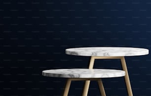 Tischbeine, Kreis, Marmor und goldumrandete Tischbeine, elegant und modern auf dunkelblauem Hintergrund. Abstrakter Atelierraum für Produktausstellungen und Werbung. 3D-Render-Illustration