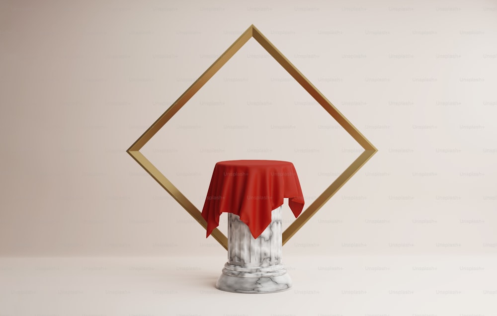 Ancient Greek-style marble columns with red cloth and large gold frames on a classic cream-pastel background for stage, cosmetic products and advertising spaces. 3D render illustration