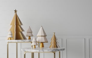 Goldumrandeter Marmortisch und weißer Weihnachtsbaum mit Weihnachts- und Neujahrsgoldrand im weißen Raumhintergrund. Abstraktes Studio für die Anzeige von Produkten und Anzeigen. 3D-Render-Illustration