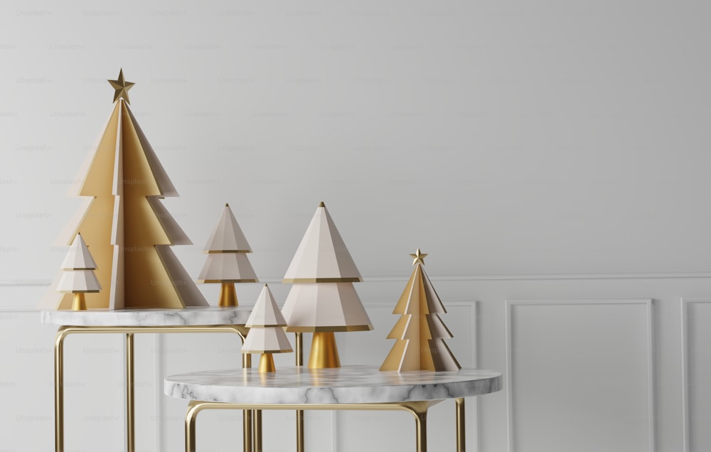 白い部屋の背景に金色の縁取りの大理石のテーブルと白いクリスマスツリーとクリスマスと新年の金色の境界線。製品や広告を表示するための抽象的なスタジオ。3Dレンダリングイラスト